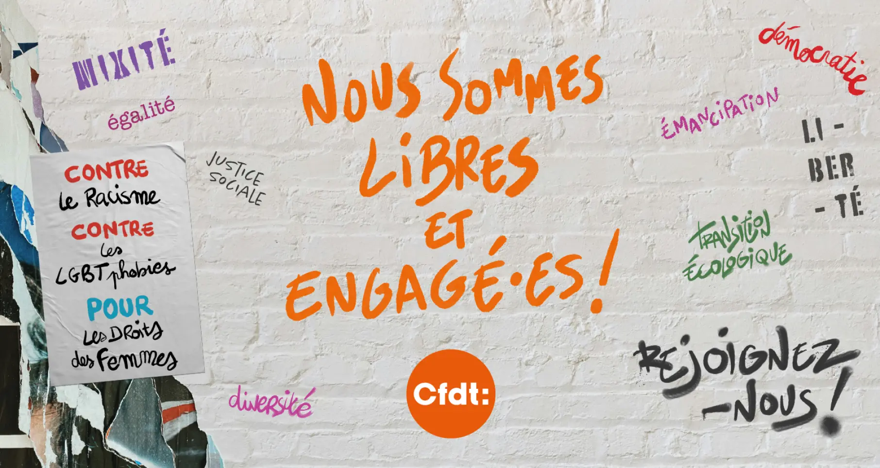Nous sommes libres et engagées écrit en lettres orange avec le logo CFDT