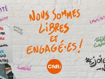 Nous sommes libres et engagées écrit en lettres orange avec le logo CFDT