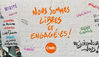 Nous sommes libres et engagées écrit en lettres orange avec le logo CFDT