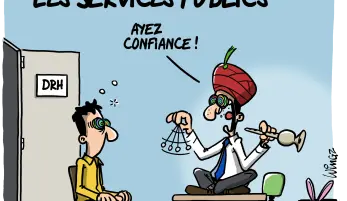 Un chef de bureau agite un pendule devant un travailleur qui voit flou